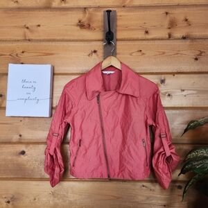 CAbi Scooter Motorcycle Jacket Coral Cropped Roll Tab Assemetric Metallic Size S